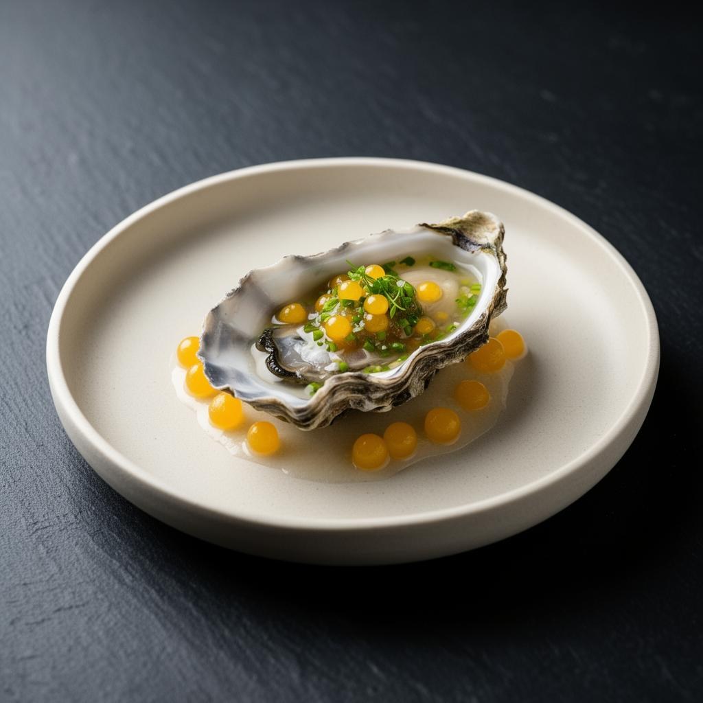 Oester met mignonette en citruspareltjes